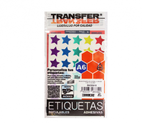 ETIQUETA ADHERIBLE ESTRELLAS GRANDES VARIOS COLORES C/105 PZAS  TRANSFER 