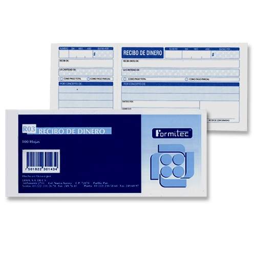 RECIBO DINERO CON TALON 100H 1/3 DE CARTA  PAQ.CON 5PZAS FORMITEC