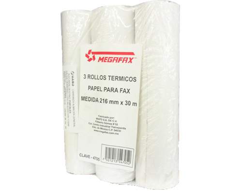PAPEL TERMICO PARA FAX ROLLO 216MMX30M  3 PZAS MEGAFAX